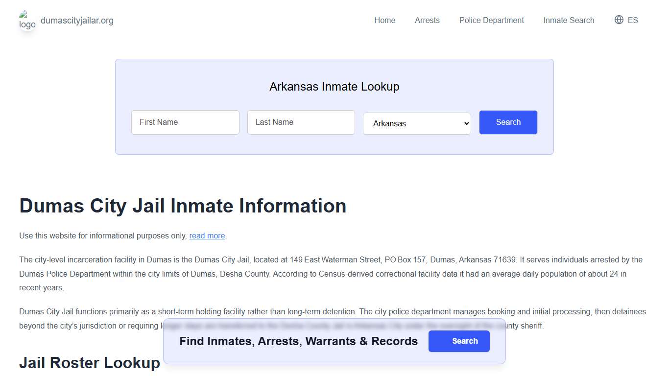 Dumas Jail, AR Inmate Roster, Municipal Jail Info
